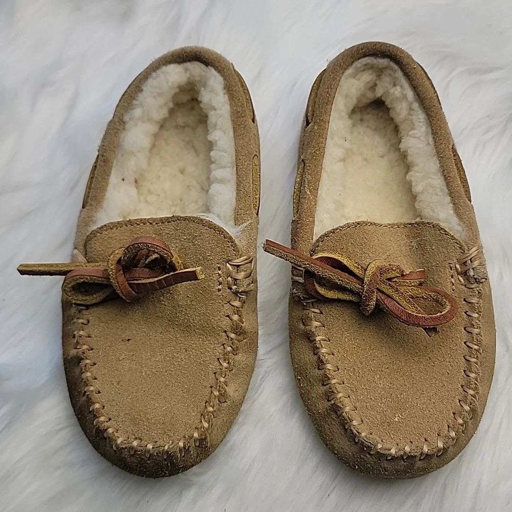 POLO RALPH LAUREN Tan Suede Shearling Preppy Loungewear‎ Boho Moccasin Slippers
